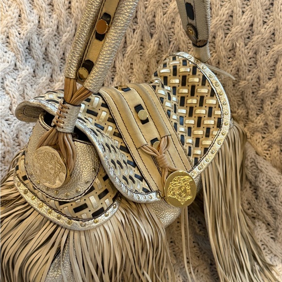 Vintage VERSACE Hobo Beige‎ Leather Suede Fringe Tassel Fringe Hand Bag Tassle - Picture 5 of 15